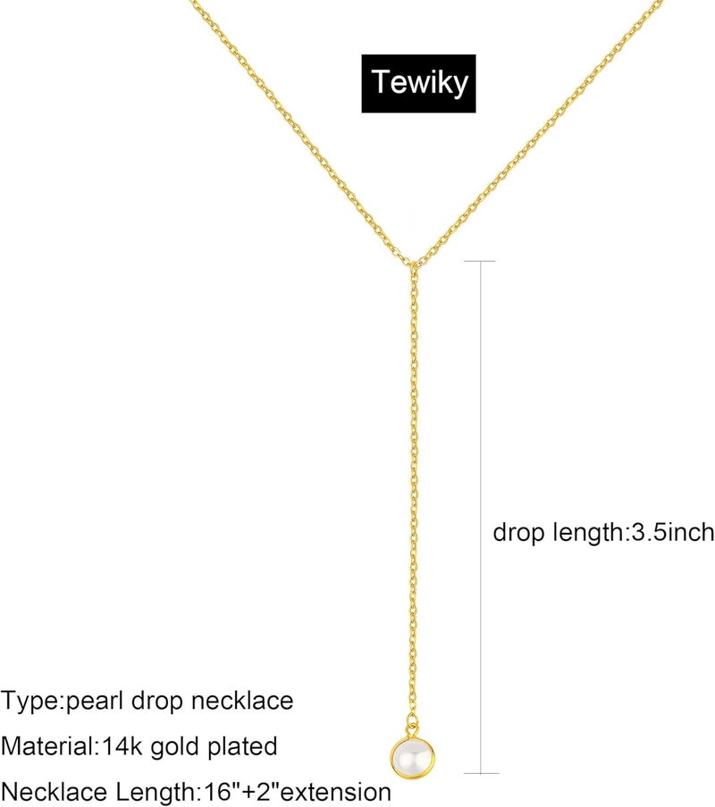 Tewiky Lariat Necklace for Women, Dainty Long Necklaces 14k Gold Plated Heart Pearl CZ Teardrop Pendant Necklace Simple Drop Necklace Trendy Y Necklace Fashion Jewelry for Women - Image 5